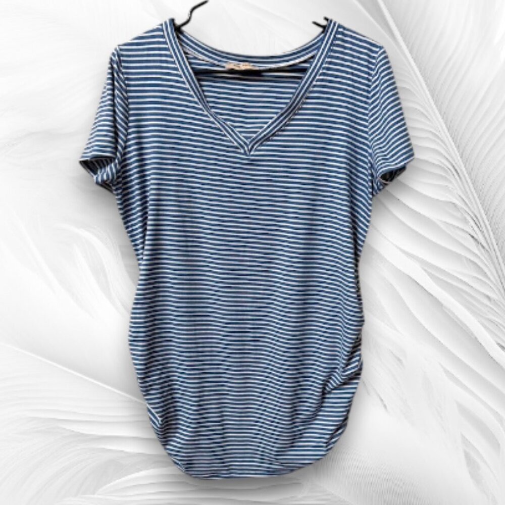 Full Moon Maternity Blue Stripe V Neck Ruched Top
